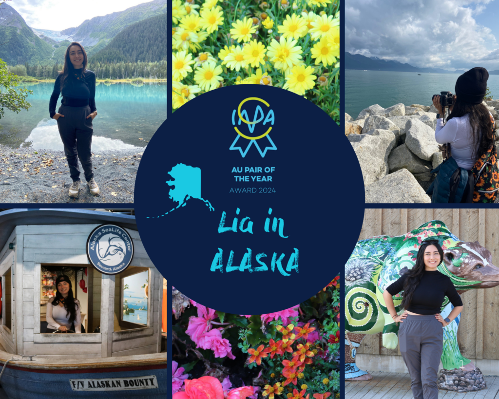 Photo Collage of 2024 Au Pair of the Year Lia during her travel in Alaska showing her in front of different sights.