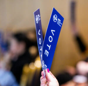 Hand holding up 2 blue IAPA Voting Cards