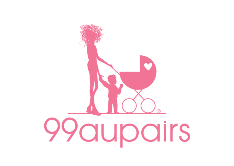 Logo of 99 au pairs, all in pink: a woman with a child on her hand and pushing a stroller, beneath the company name99aupairs