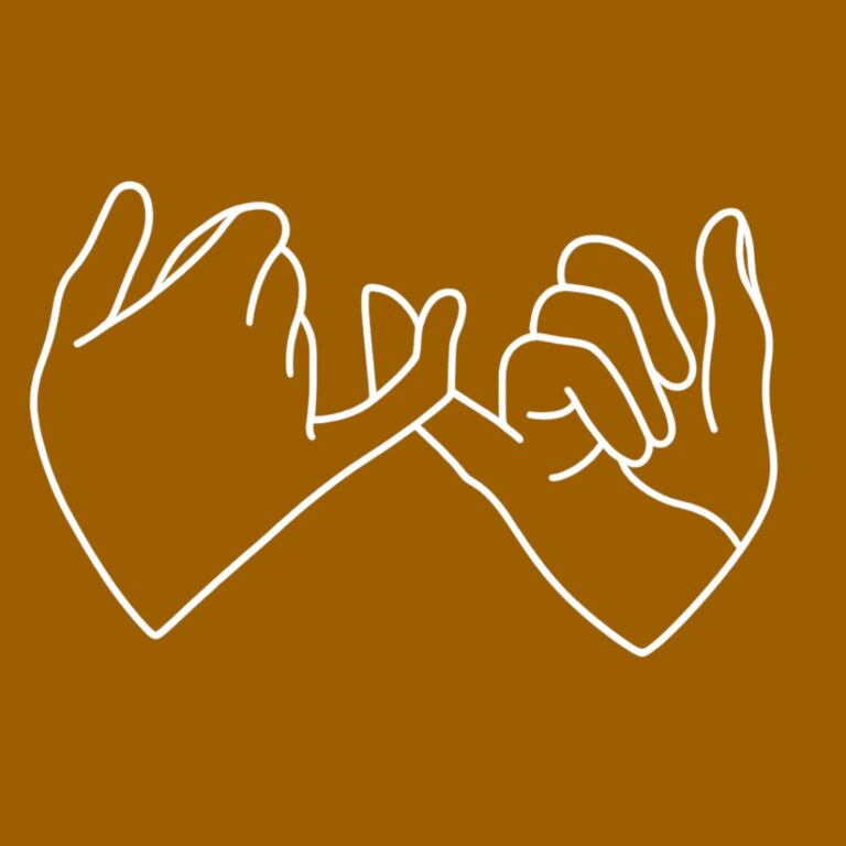 Logo of Trip and Famila two hands joint at th small fingers looking like a heart. Whit eon brown background.
