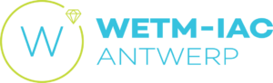 WETM-IAC logo, lime green circle with a diamond in the upper right with a W in the circle and WETM-IAC Antwerp next to the circle in light blue