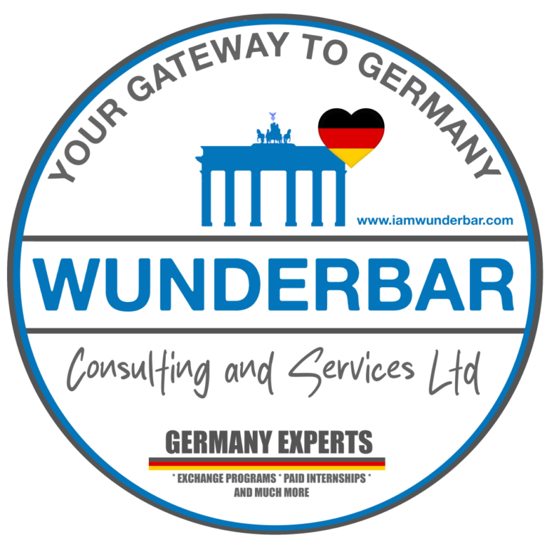Logo Wunderbar Consulting, circle with Brandenburger Tor in blue and a heart in German flag colours. Your gateway to Germany, below: Germany experts