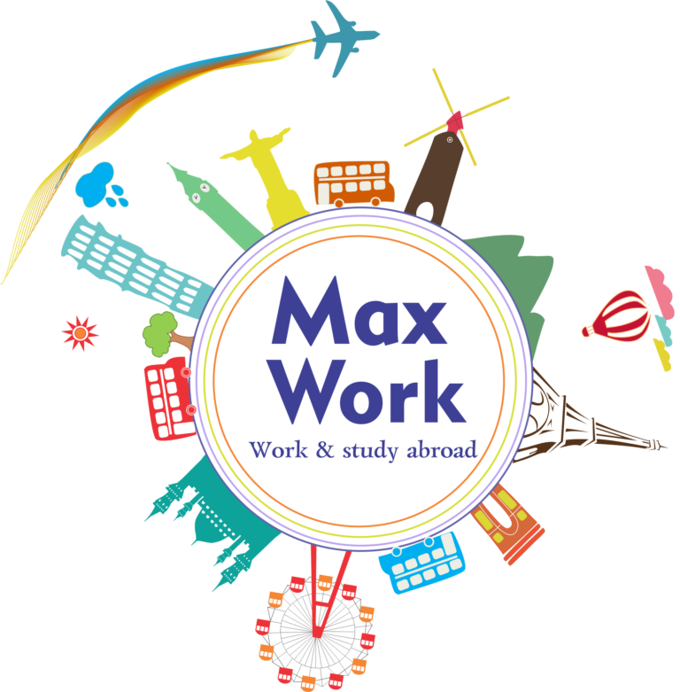 Logo of Max Work: Circle with Max Work in the center in blue, famous buildings of the world around the circle(globe) in different colours. A plane in the upper left corner flies around the globe