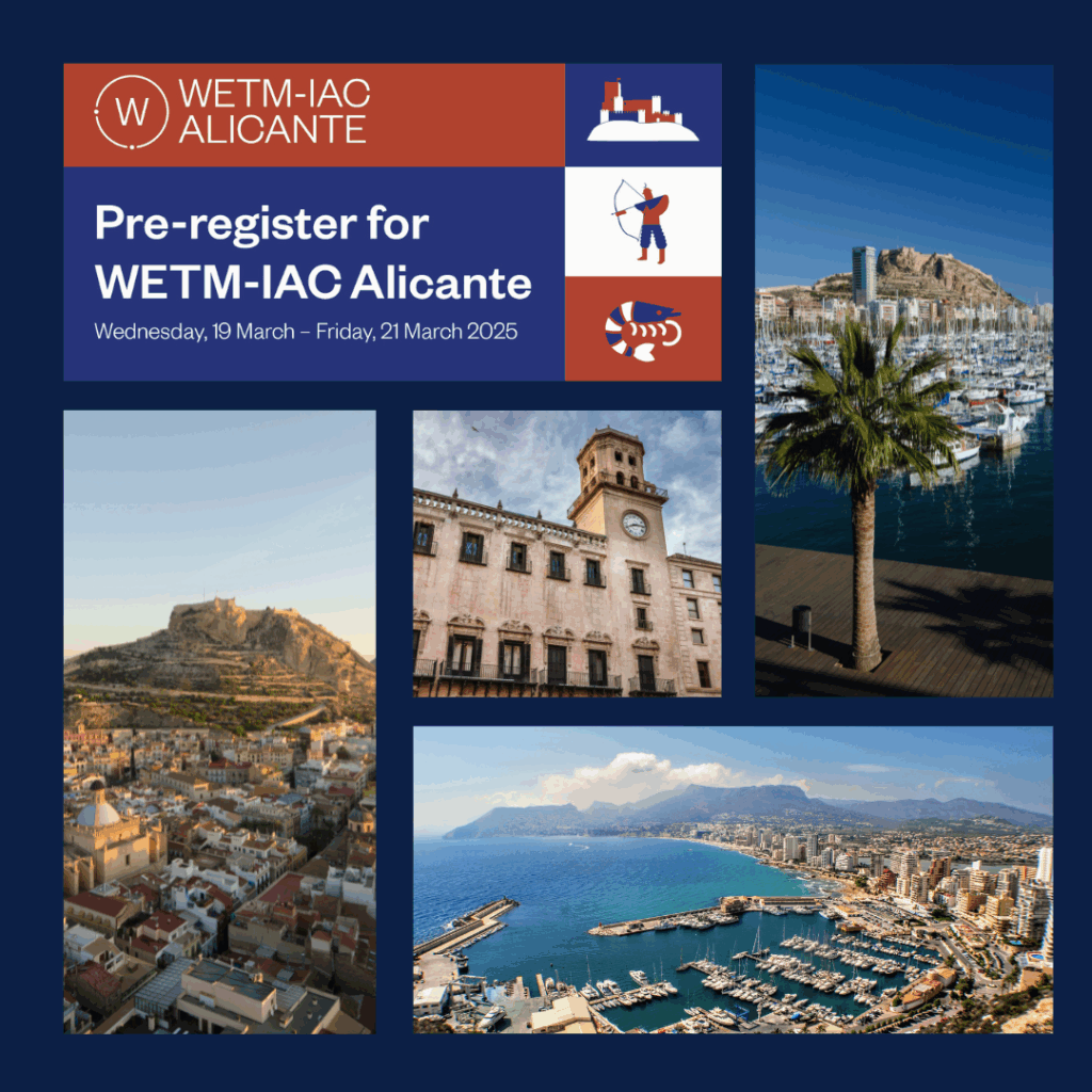 Pre-register for WETM IAC different pictures of Alicante, view from the castle over the yacht harbor, view over the city towards the castle, palm tree with sea and Alicante in the back, a famous building in Alicante