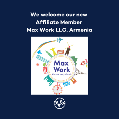 We welcome our new Affiliate Member Max Work LLC, Armenia - Logo Max Work and small logo IAPA all on dark blue background