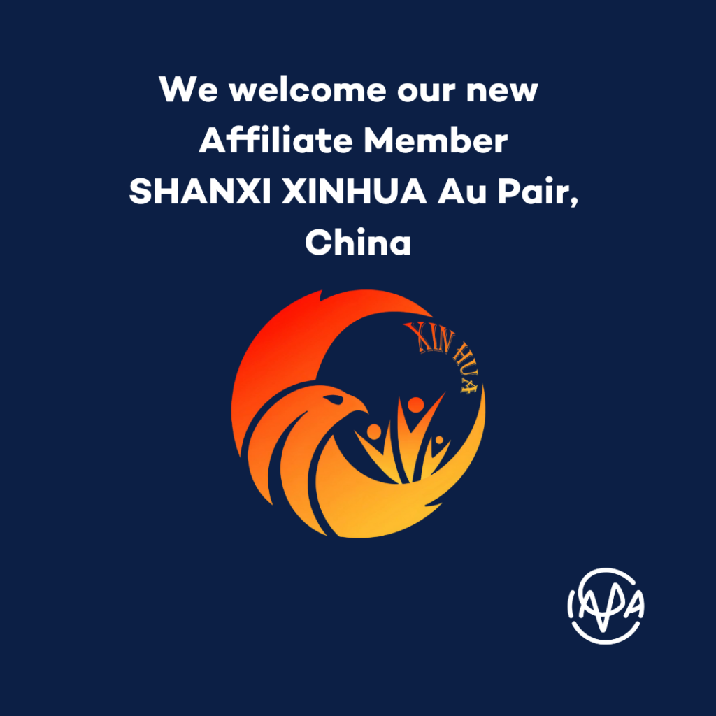 Logo of Shanxi Xinhua Au Pair agency in China. a round form in orange and yellow with the words XinHua